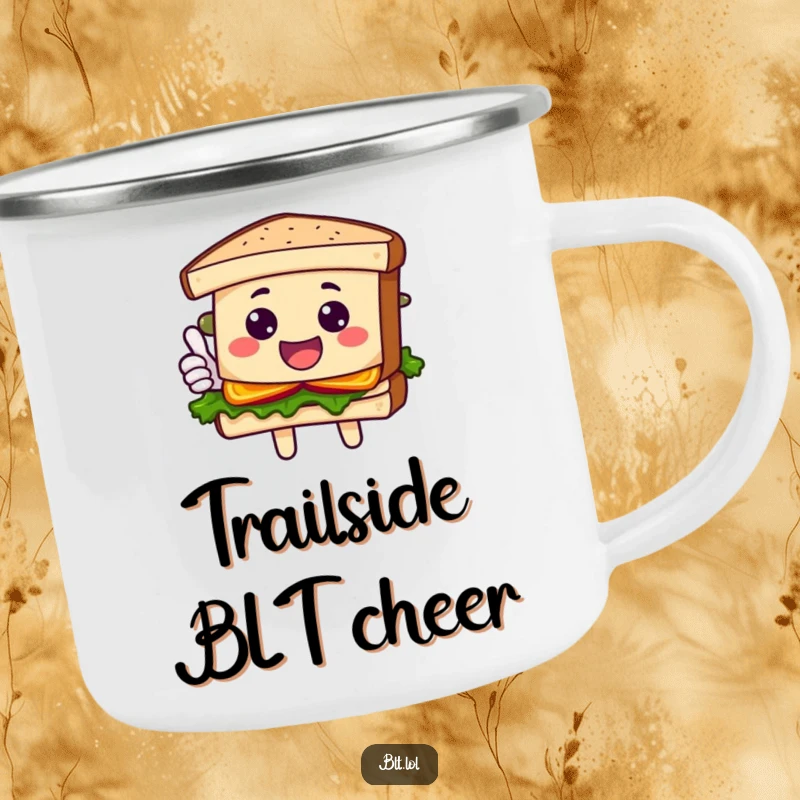 Funny Camping Mug featuring a smiling BLT sandwich character giving a cheerful thumbs up, perfect for outdoor enjoyment with a humorous touch.