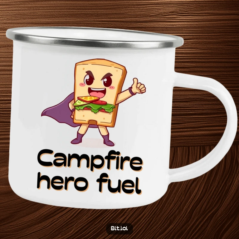 Funny camping mug with a BLT sandwich striking a superhero pose, ready to tackle any trail or taste bud.