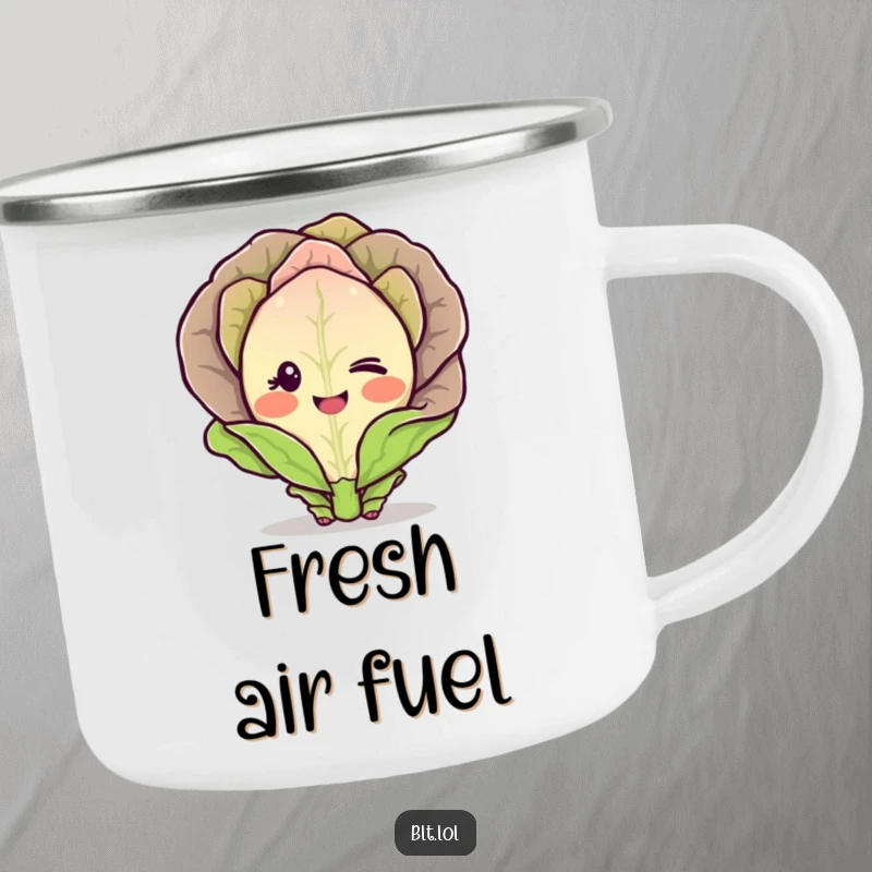 Funny Camping Mug featuring a blushing lettuce character winking shyly, ideal for outdoor enthusiasts, humorous illustration.