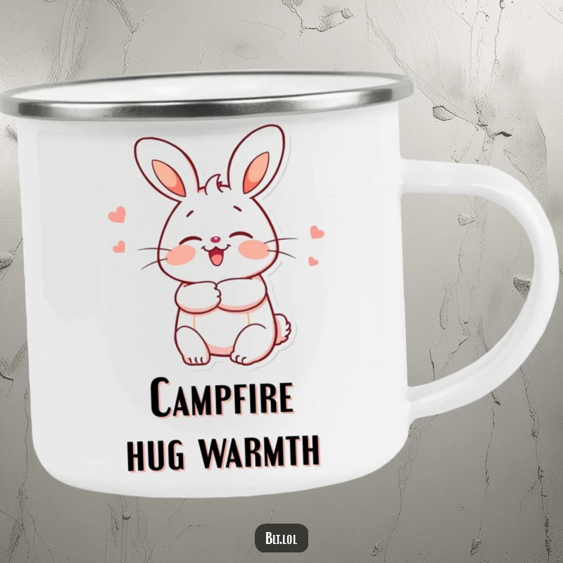 Funny bun character giving a hug on a rugged camping mug, ready for cozy campfire moments.
