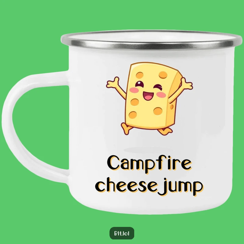 Funny Cheese Slice Camping Mug Durable Jumping Character Outdoor Foodie Gift
