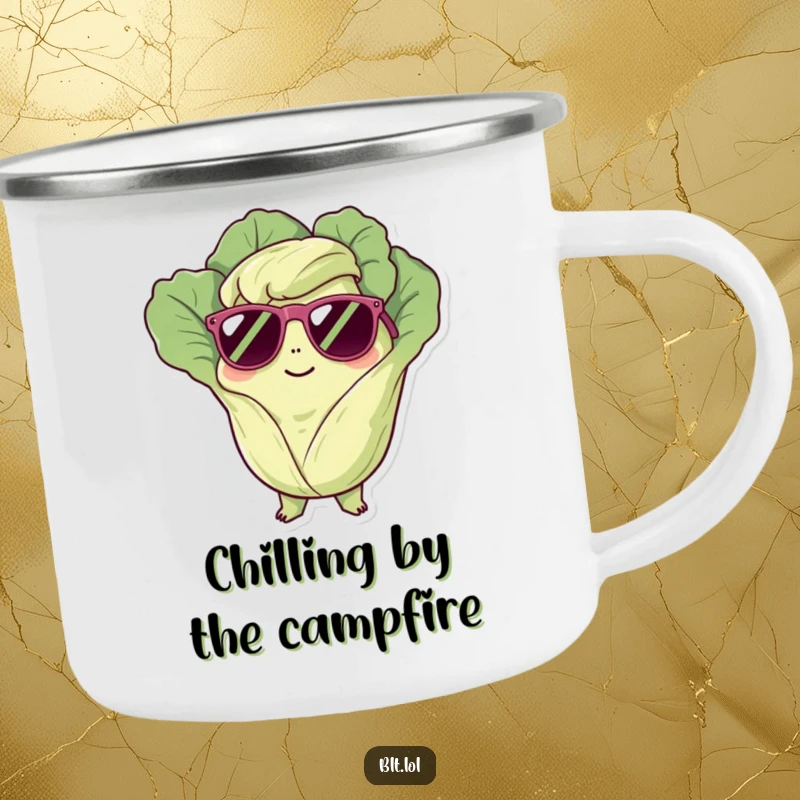 Funny Camping Mug: A cool lettuce character in sunglasses, ready for adventure. Ideal funny outdoor gift.