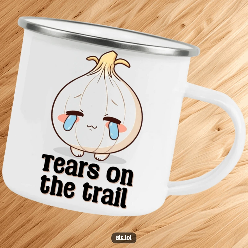 Funny shy anthropomorphic onion blushing and crying cartoon tears, a humorous camping mug.