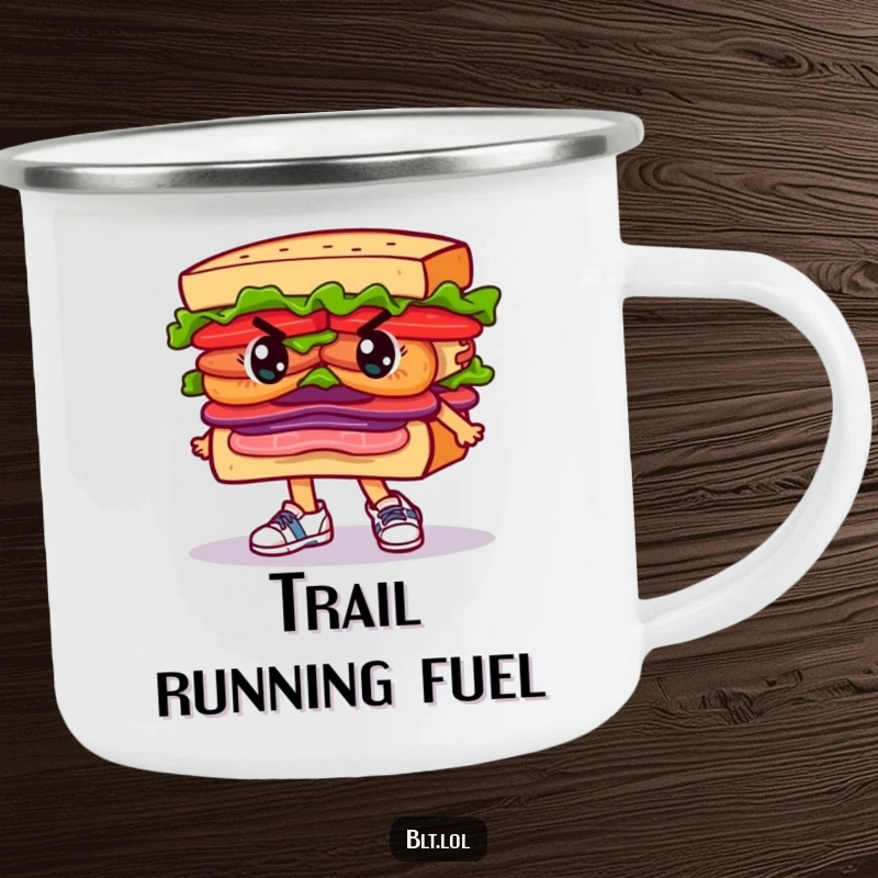 Funny Camping Mug showing a determined BLT sandwich character in tiny running shoes, ready for outdoor challenges.