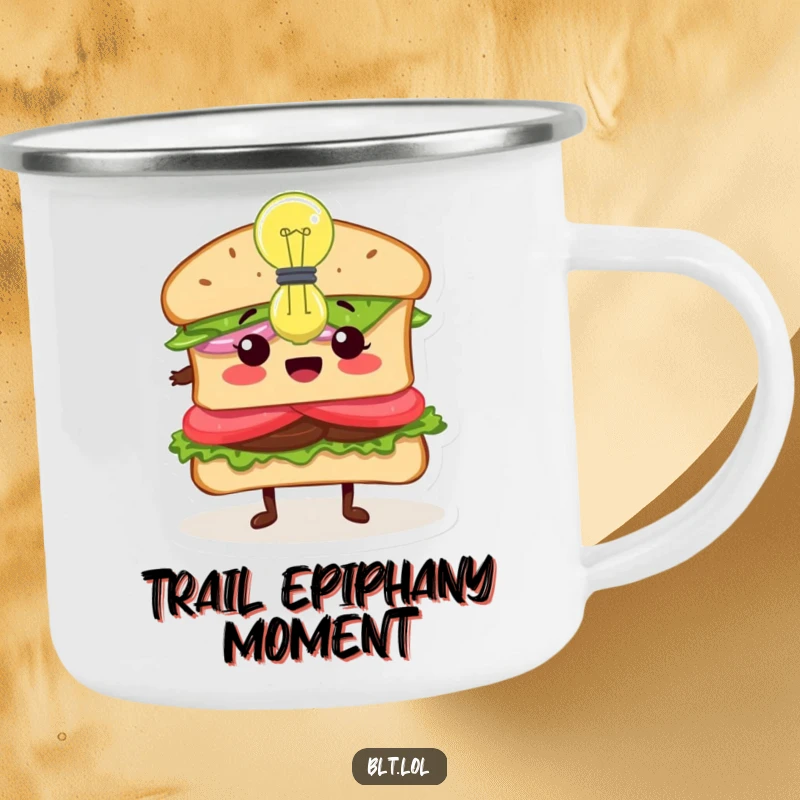 Funny Inspired BLT Sandwich Camping Mug, a sandwich character with a lightbulb, symbolizing inspiration, durable outdoor drinkware, perfect funny gift.