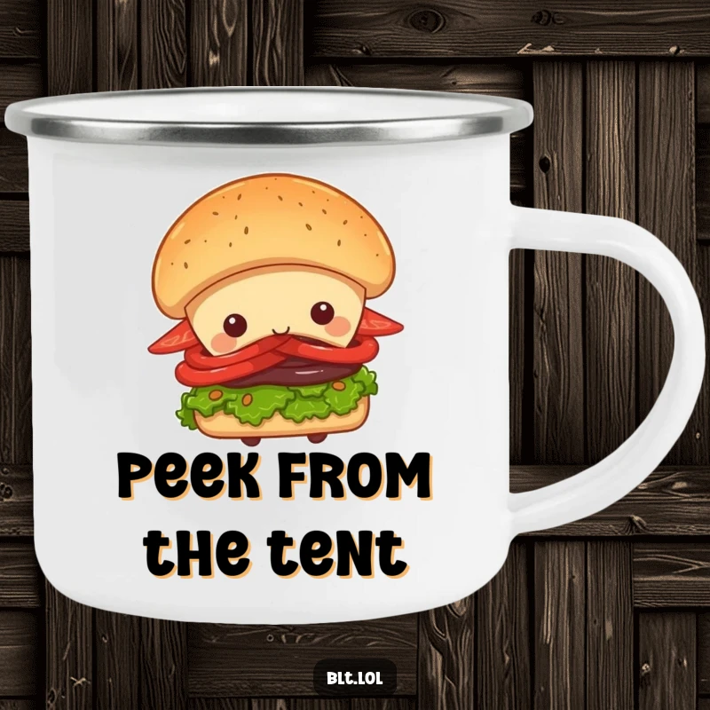 Funny Peek-a-Boo BLT Sandwich Camping Mug, a sandwich character peeking from behind a bun, durable and fun outdoor drinkware, perfect funny gift.