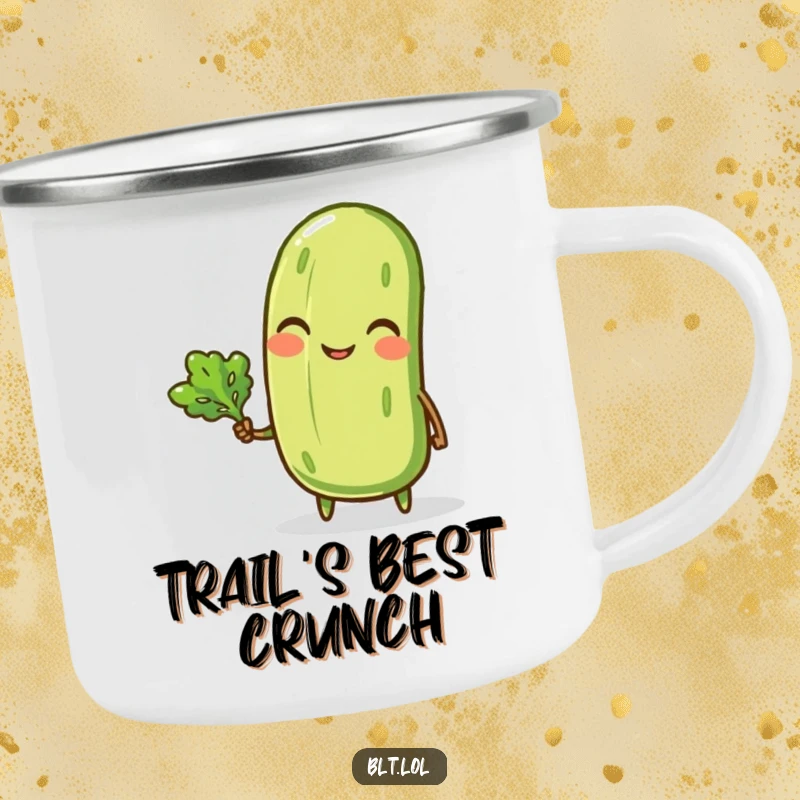 Funny camping mug with a smiling anthropomorphic pickle winking and holding a tiny lettuce leaf, ready for outdoor adventures.