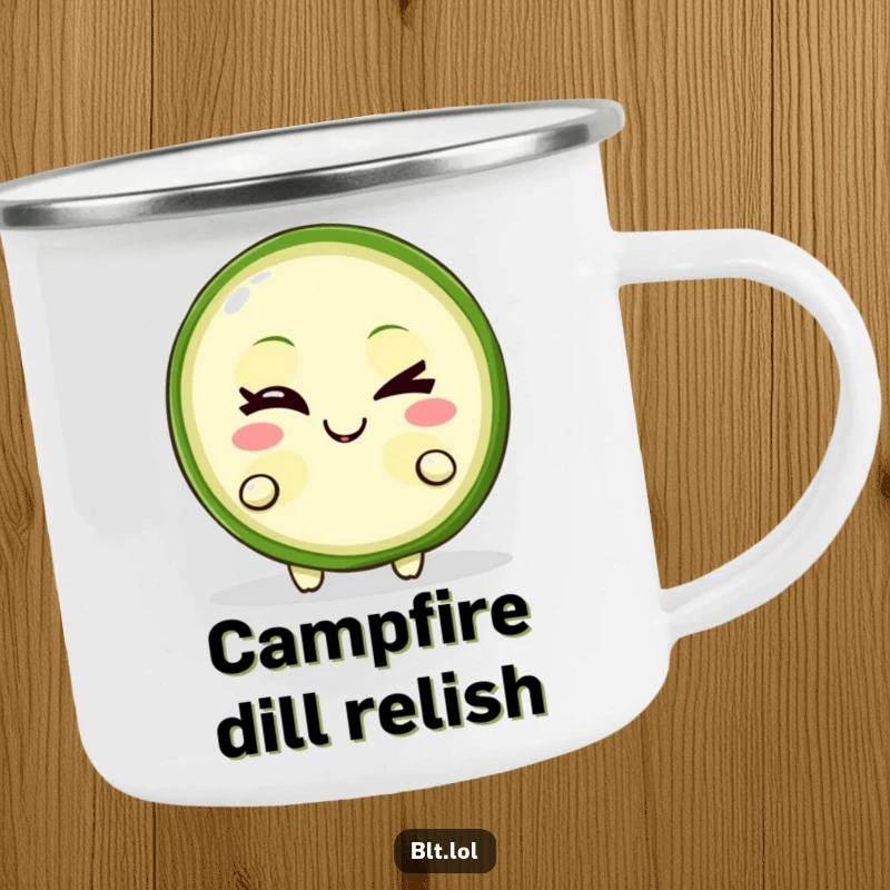 Funny Camping Mug featuring a winking pickle slice character with a mischievous grin, ideal for outdoor food lovers, humorous illustration.