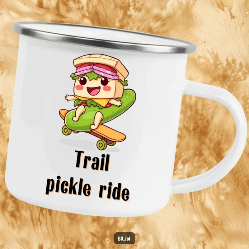 Funny Riding BLT Sandwich Camping Mug: A rugged mug featuring a BLT character riding a giant pickle like a skateboard, ready for outdoor fun.