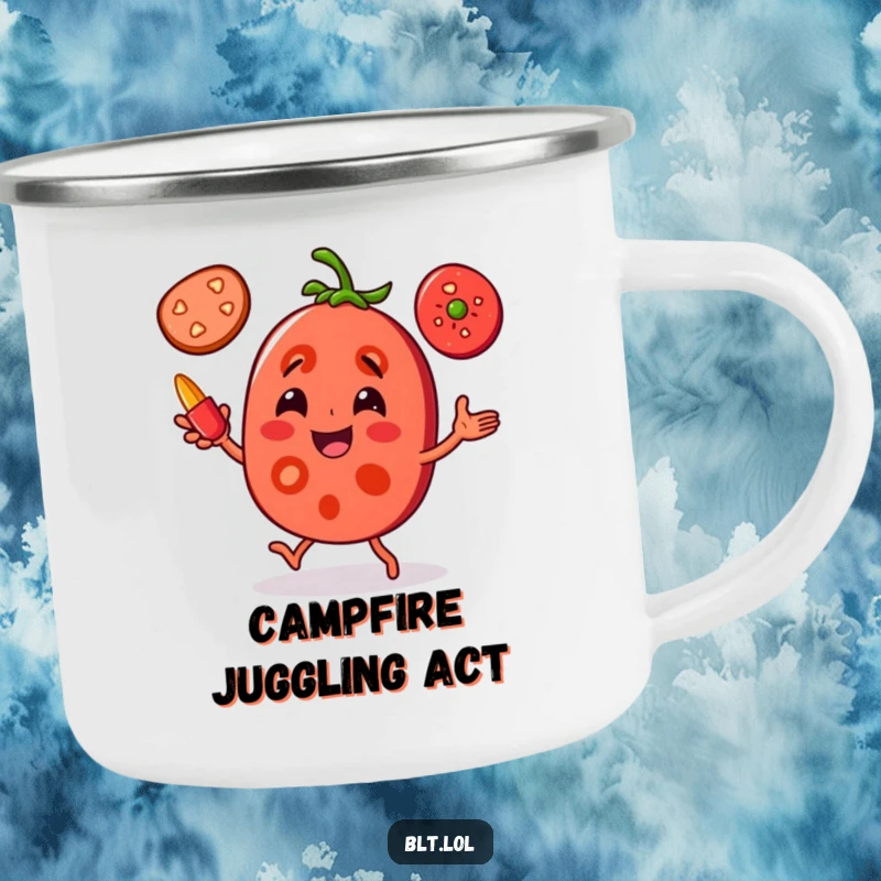 Funny Tomato Juggling Camping Mug: A joyful tomato slice character is juggling pepper slices, perfect for humorous outdoor beverage enjoyment.
