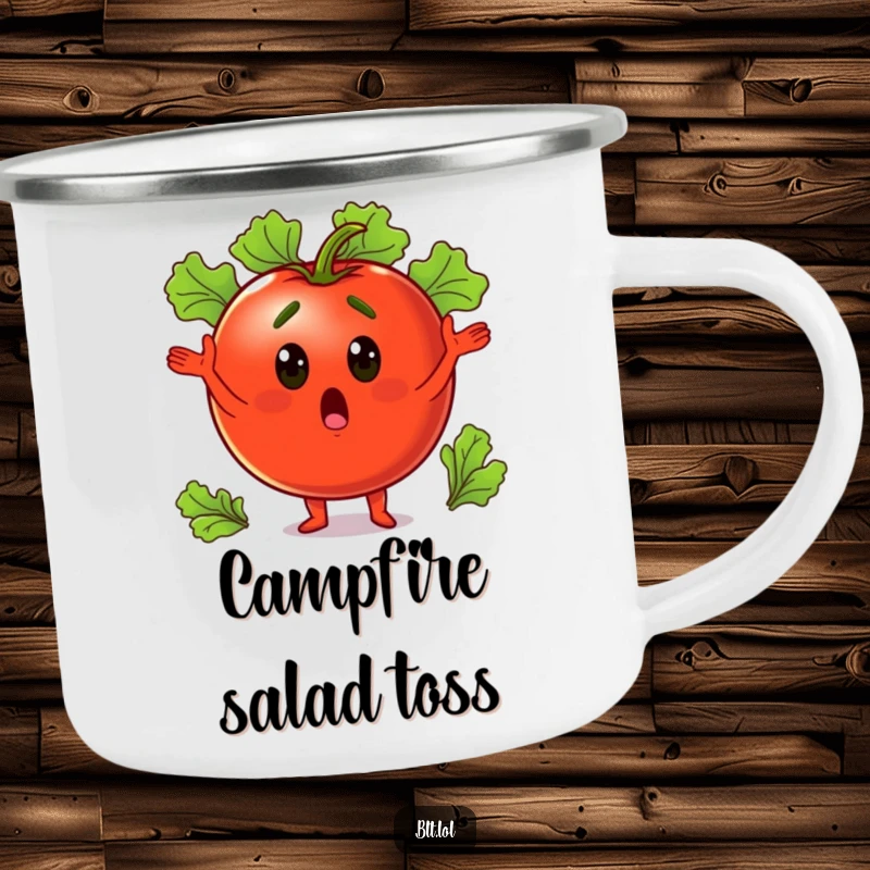 Funny surprised tomato juggling lettuce leaves, ready for campfire brews, this durable camping mug adds garden fun.