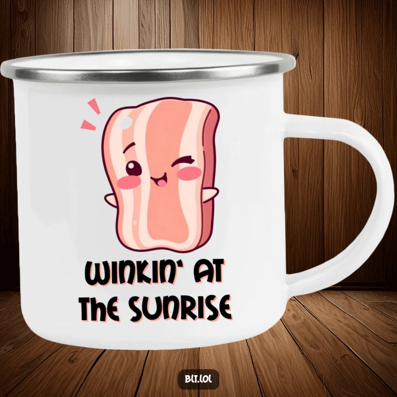 Funny Camping Mug: A bacon strip character winking playfully. Ideal funny outdoor gift.