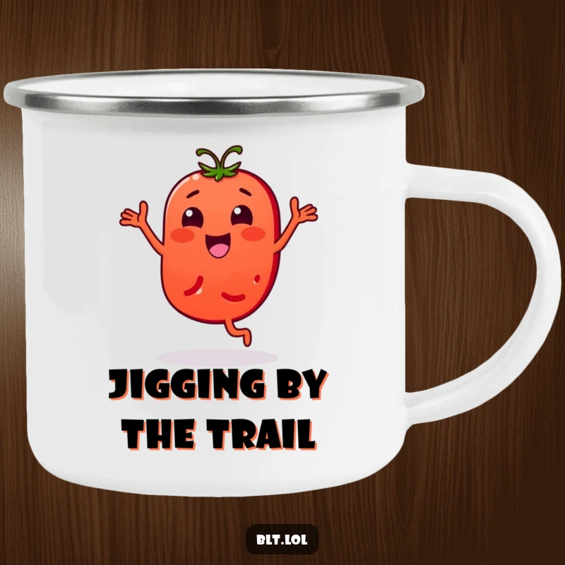 Funny Camping Mug: A tomato slice character doing a bouncy dance. Ideal funny outdoor gift.