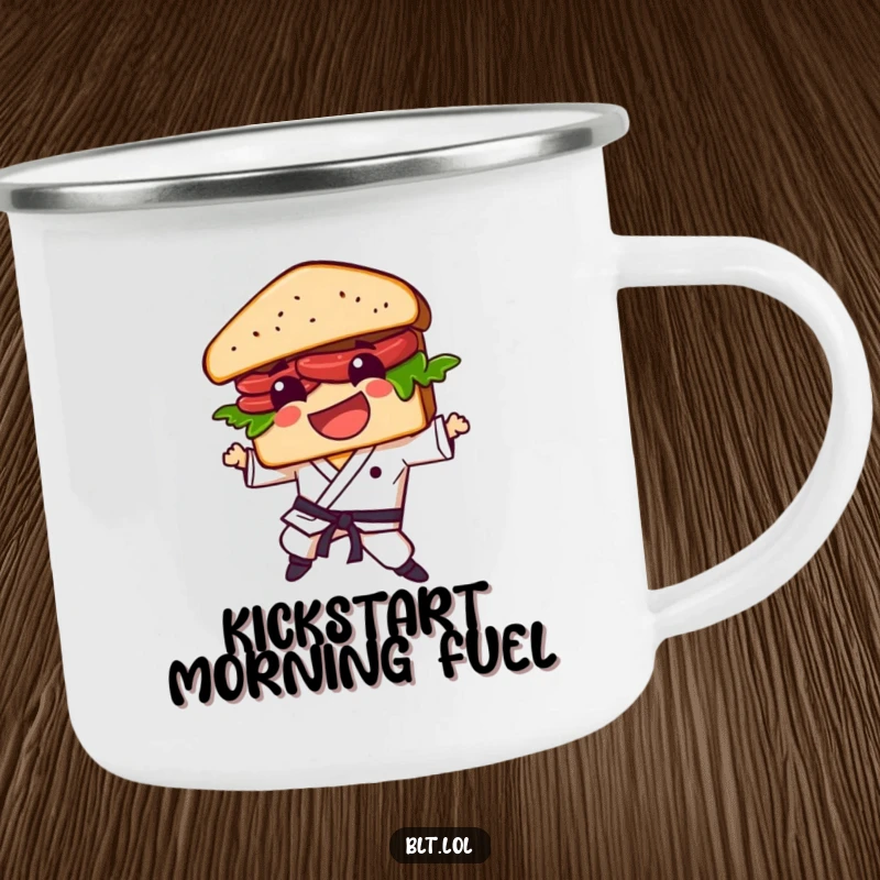 Funny BLT sandwich character in a karate stance on a durable camping mug, ready for outdoor fun.