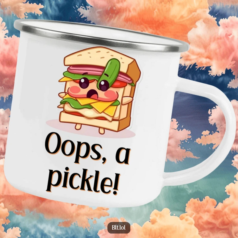 Funny camping mug featuring a BLT sandwich reacting to a falling pickle, ready for outdoor fun and laughter.