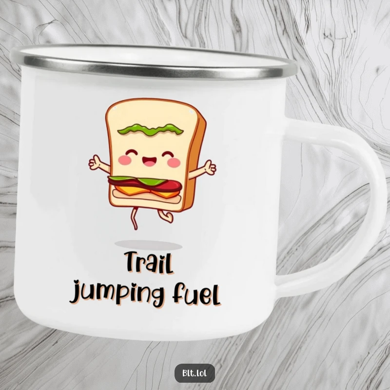 Funny camping mug featuring a BLT sandwich character jumping rope, designed for outdoor fun and humorous enjoyment.