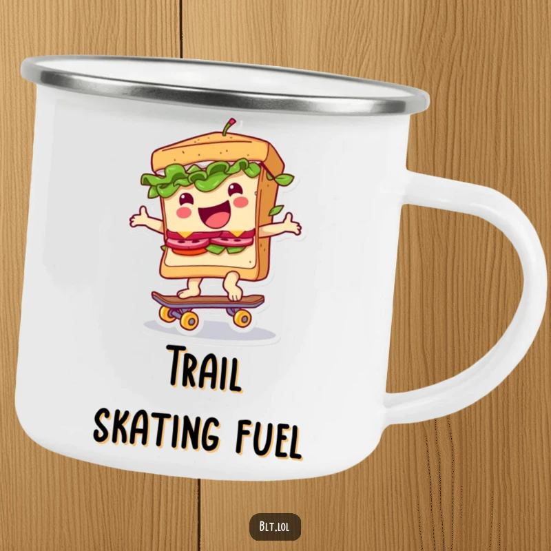 Funny camping mug featuring a BLT sandwich riding a tiny skateboard, ready for any adventure with a smile.