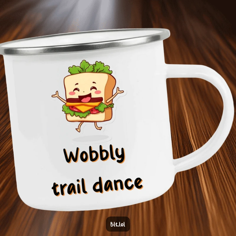 Funny Camping Mug showing a happy BLT sandwich character dancing with its lettuce wobbling, perfect for outdoor adventures.