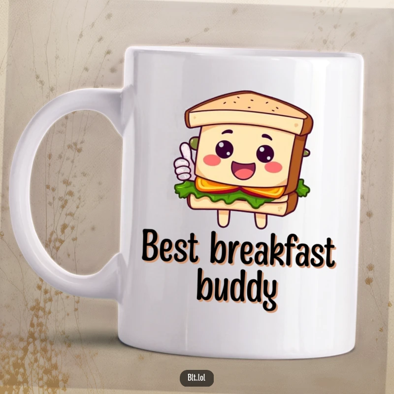 Funny Mug featuring an anthropomorphic BLT sandwich character with ingredients visible, giving a big, cheerful thumbs up.