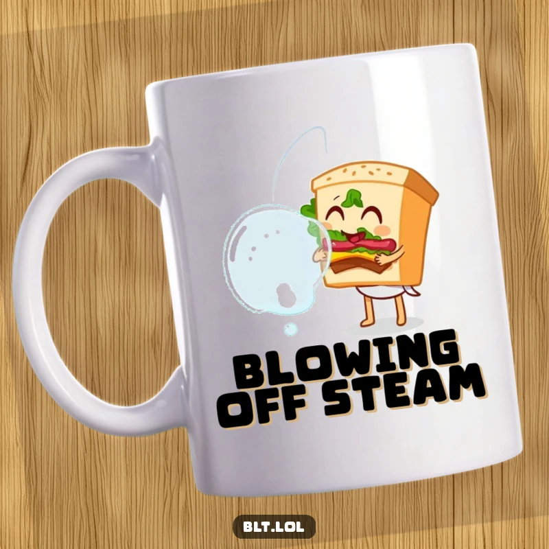 Funny Bubble Blowing BLT Sandwich Mug, a sandwich character happily blowing a large bubble, cheerful and playful, perfect gift.
