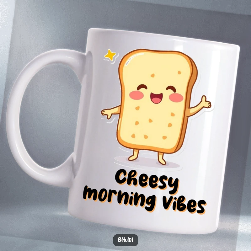 Funny cheesy bread character with a big smile, joyfully doing a happy dance on a cheerful mug.