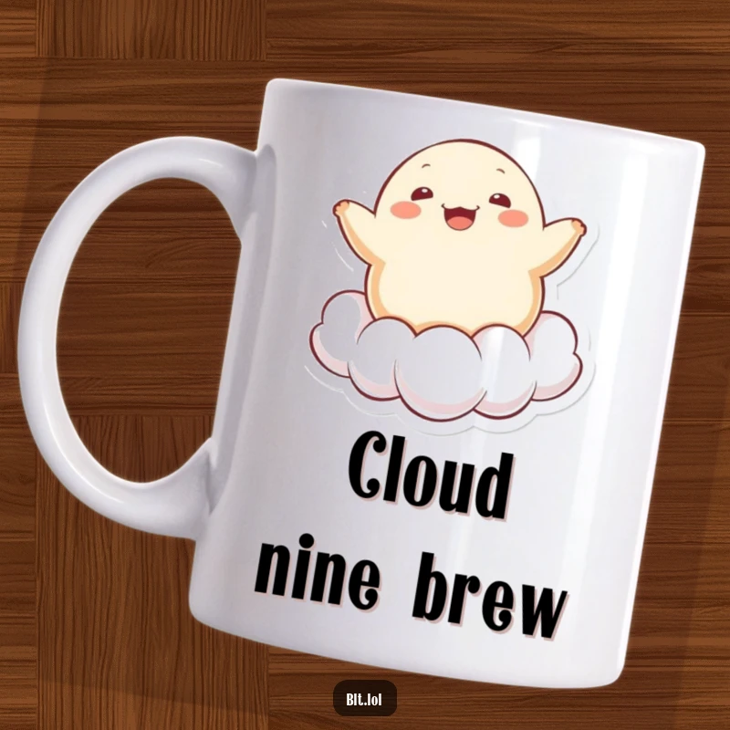 Funny cheerful Kawaii dumpling character happily bouncing on a fluffy cloud, printed on a mug, a delightful gift.
