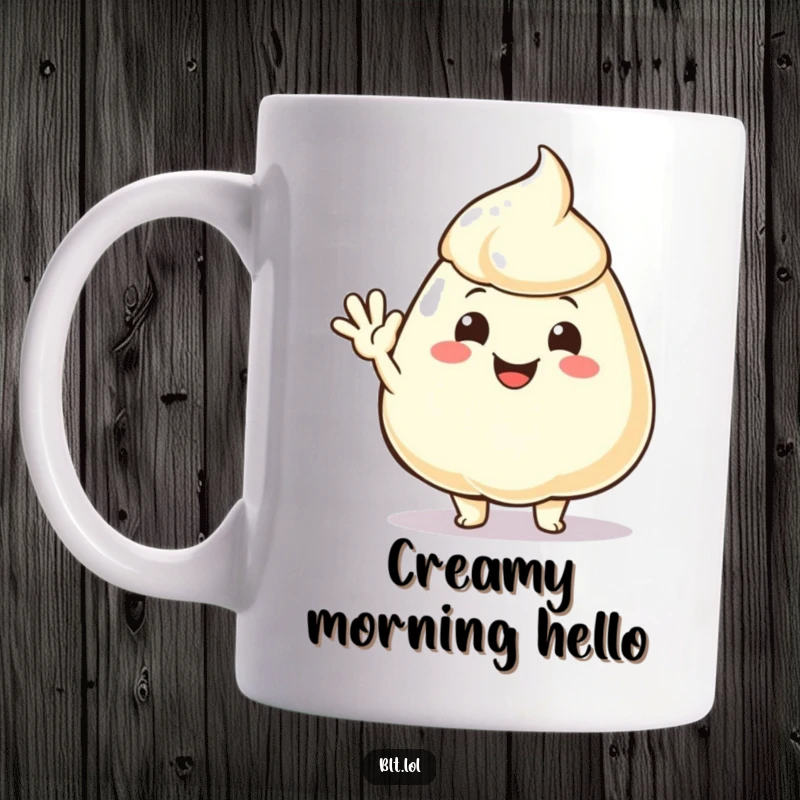 Funny, joyful mayonnaise dollop with a friendly smile, waving hello on a cheerful mug.