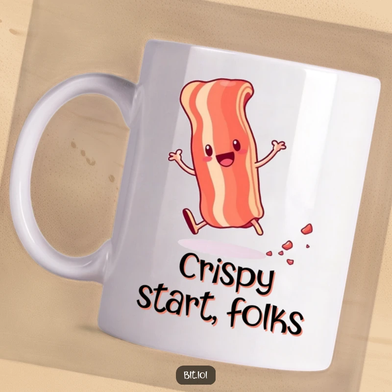 Funny mug featuring an anthropomorphic bacon strip doing a cartwheel and leaving tiny crumbs, showcasing energetic breakfast fun.