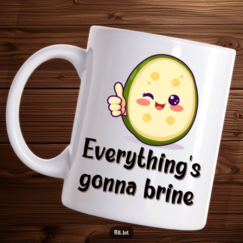 Funny happy pickle slice giving a thumbs up on a mug, radiating positivity for a humorous food gift.