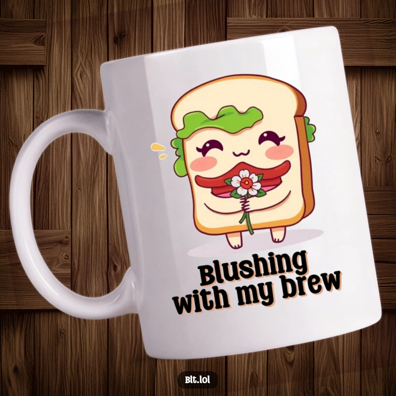 Funny Mug showing a bashful BLT sandwich character blushing and holding a small bouquet of flowers.