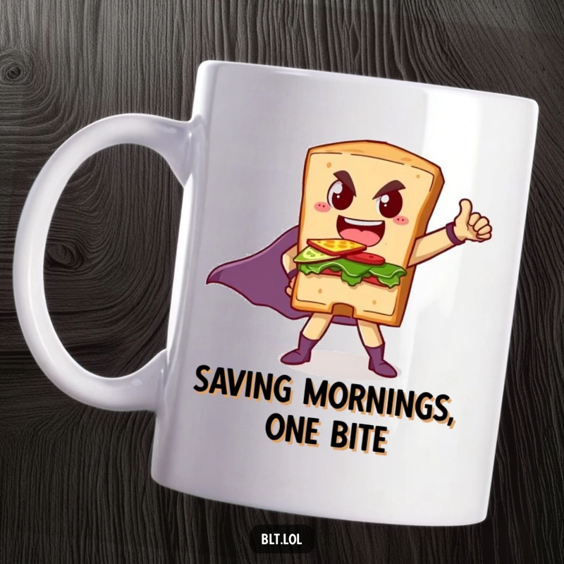 Funny mug depicting an anthropomorphic BLT sandwich in a dramatic superhero pose, exuding power and deliciousness.