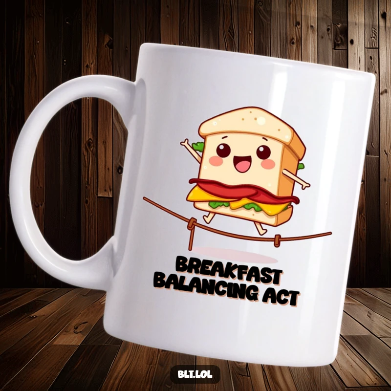 Funny mug featuring a wobbly BLT sandwich precariously balanced on a tightrope, showcasing daring culinary feats.