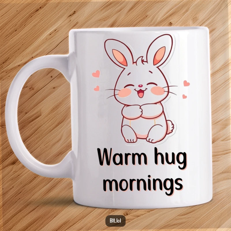 Funny, enthusiastic bun character with a big smile, giving a warm hug on a cheerful mug.
