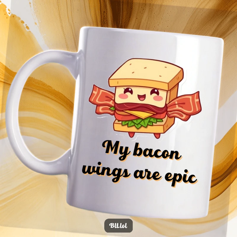 Funny Flying BLT Sandwich Mug: A sandwich with bacon wings tries to take off, showing determined optimism and culinary aviation.