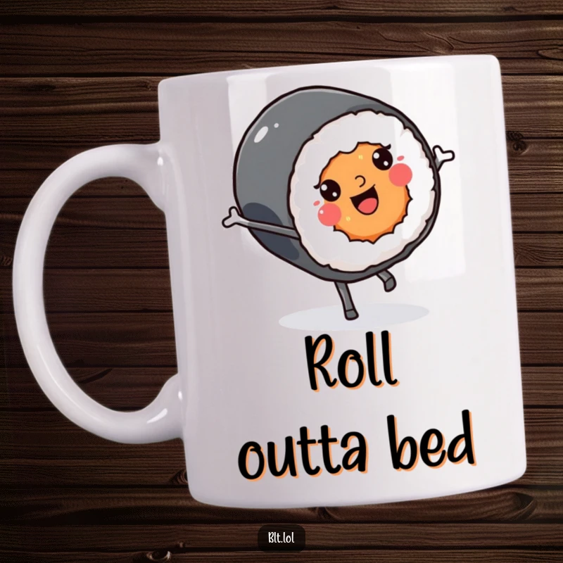 Funny smiling Kawaii sushi roll character doing a cartwheel, printed on a delightful mug, ideal for a humorous gift.