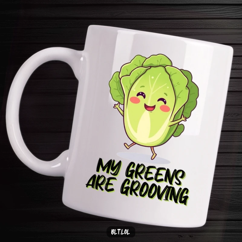 Funny Mug featuring an anthropomorphic lettuce slice with tiny feet joyfully dancing, radiating pure silliness.