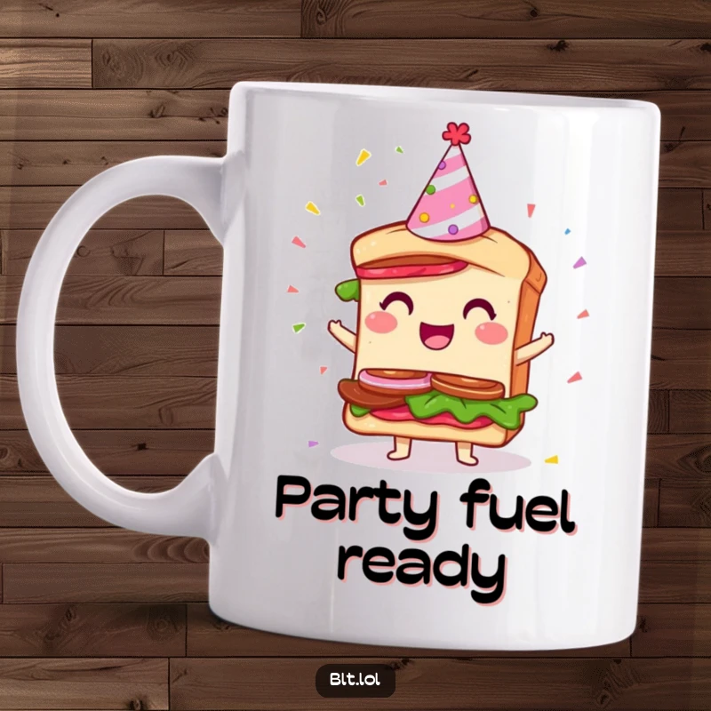 Funny Party BLT Sandwich Mug: A giddy BLT sandwich wears a party hat as confetti falls, radiating pure celebratory joy.