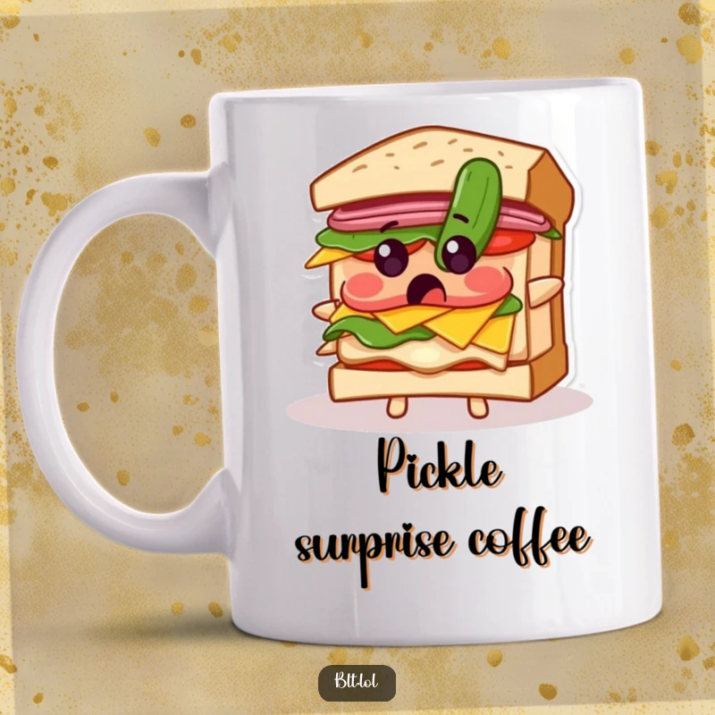 Funny mug featuring an anthropomorphic BLT sandwich looking surprised as a tiny pickle falls from above.