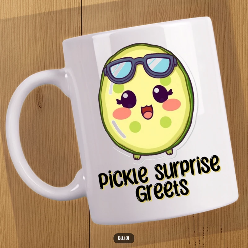 Funny pickle slice character with wide eyes and tiny goggles, conveying utter surprise and shock on a mug.