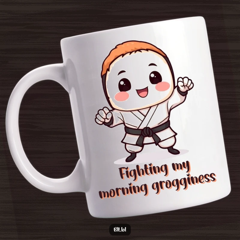 Funny sushi mug with a smiling piece of sushi performing a powerful karate chop, ready for action.
