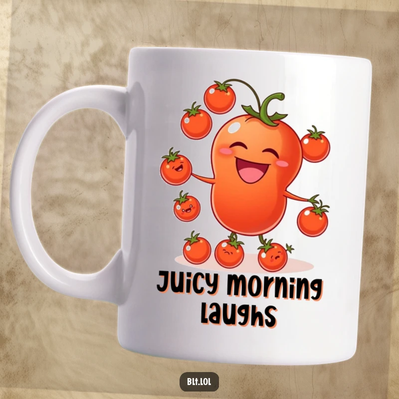 Funny tomato mug featuring a laughing tomato skillfully juggling smaller tomato friends, conveying joy and abundance.