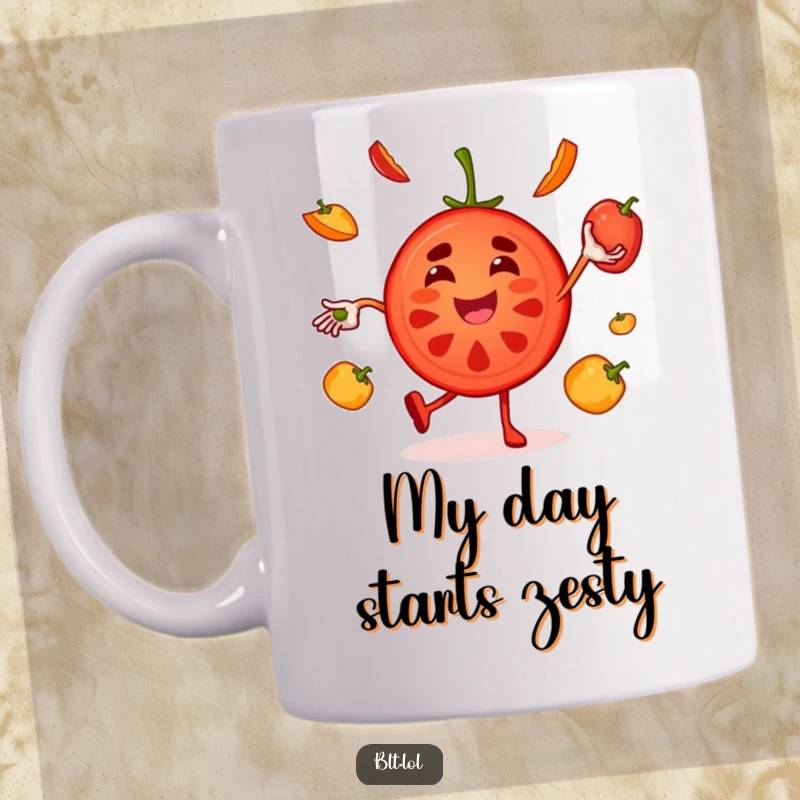 Funny tomato slice mug featuring a joyful character juggling pepper slices, adding a vibrant and comical touch.