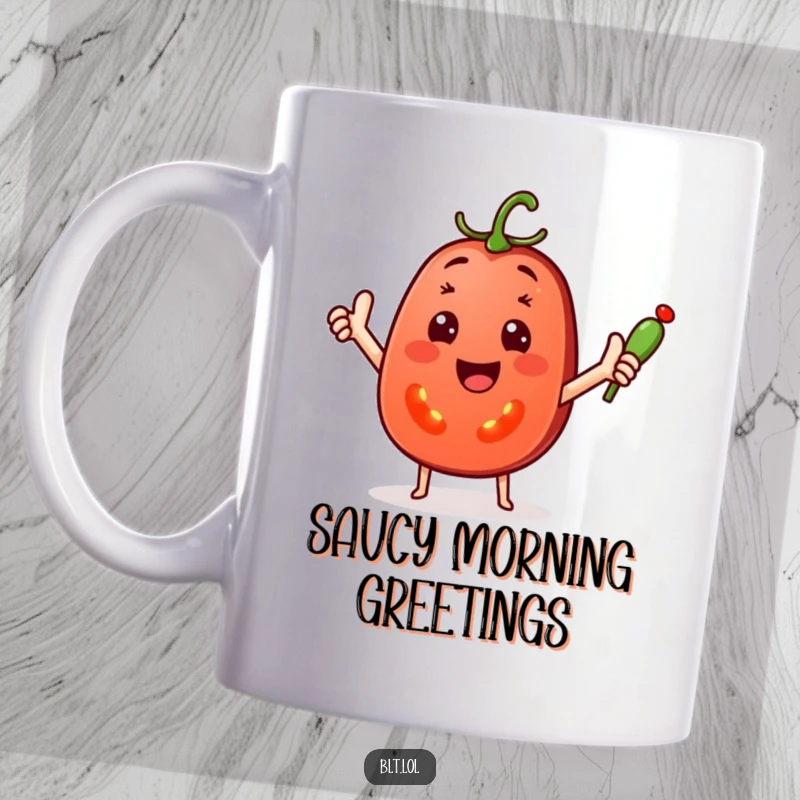Funny Mug featuring a cheerful tomato slice with outstretched arms waving a tiny pickle spear, exuding friendly vibes.