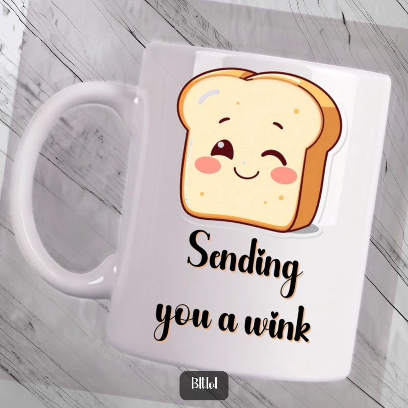 Funny smiling piece of bread winking on a mug, looking cute and charming for a humorous breakfast gift.