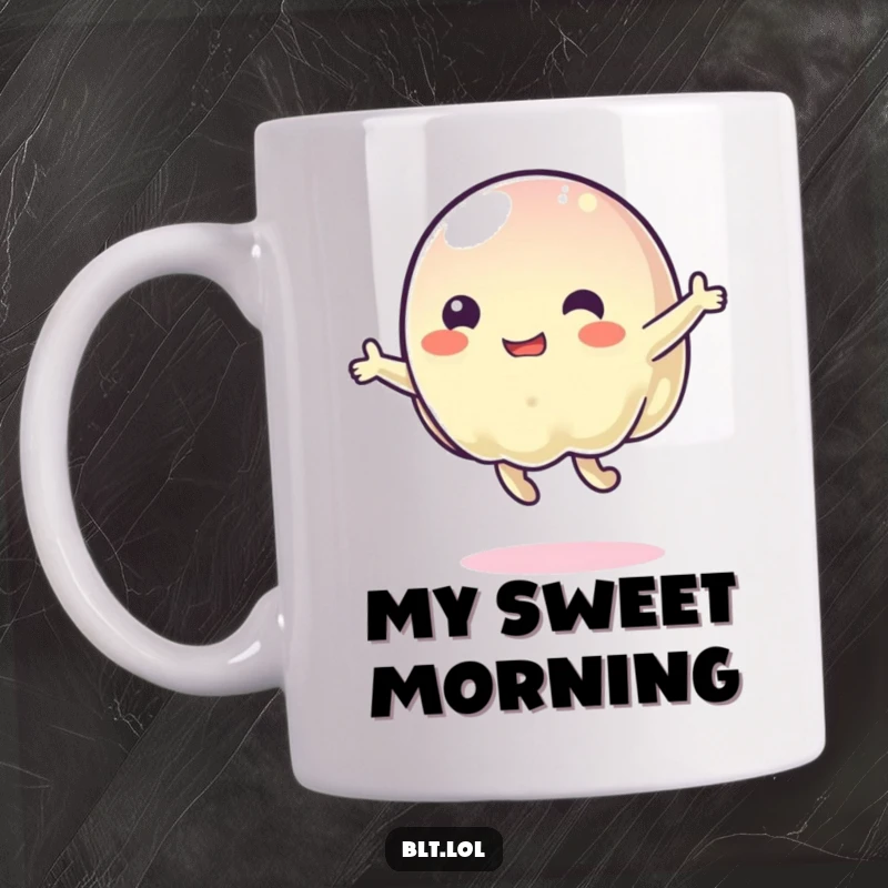Funny, wobbly jelly character captured mid-bounce with energetic glee, printed on a delightful mug.