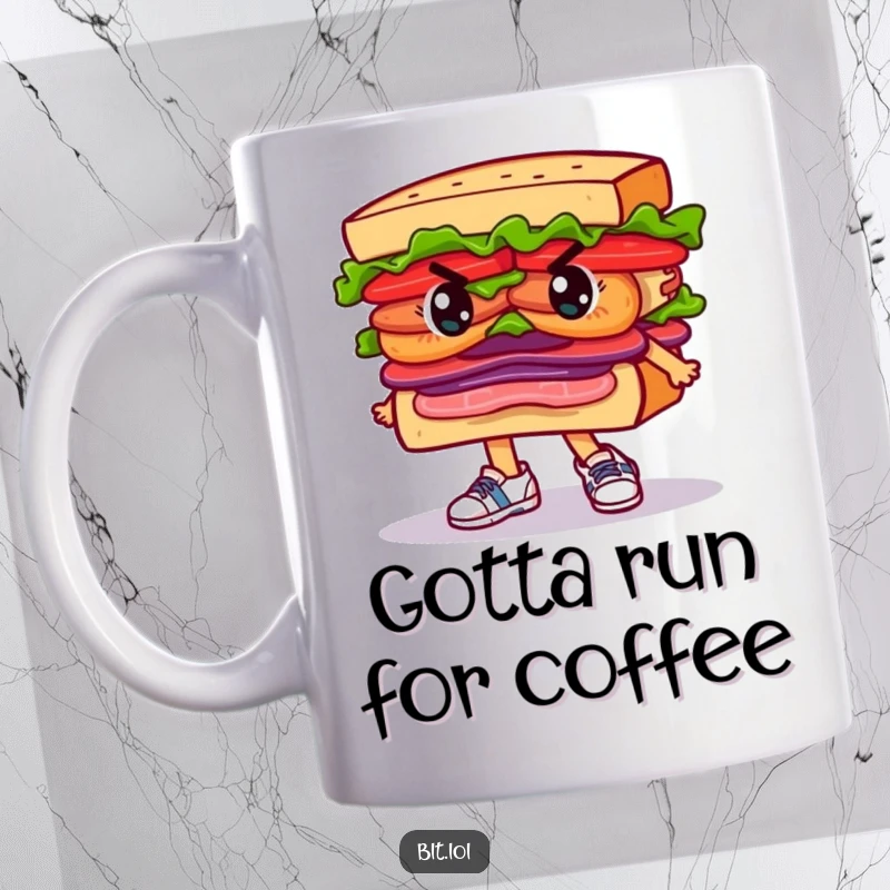 Funny Mug featuring a determined BLT sandwich character wearing tiny running shoes, ready to embark on a race.