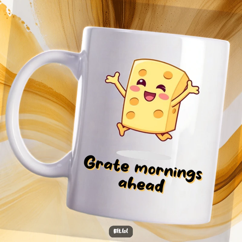 Funny Mug featuring a happy cheese slice character doing a joyful jump, a humorous food illustration.