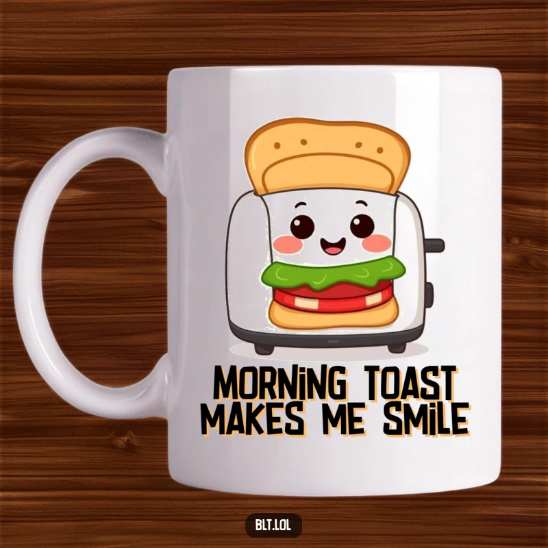 Funny Mug featuring a cheerful BLT sandwich character smiling brightly while popping out of a toaster, ready for a delicious breakfast surprise.