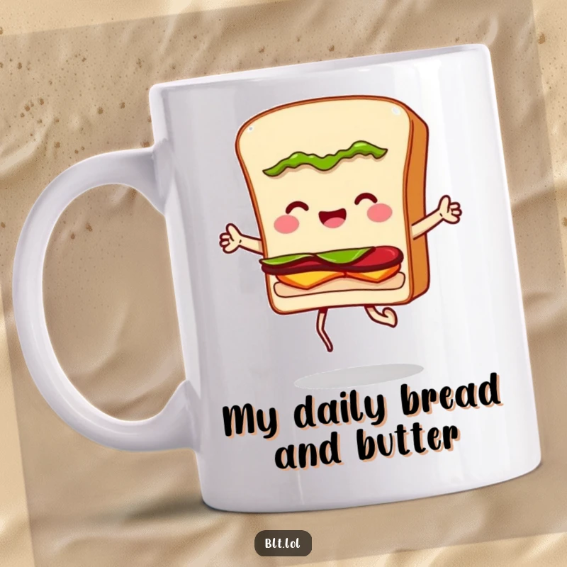 Funny mug featuring an anthropomorphic BLT sandwich character energetically jumping rope, showcasing a playful and active personality.