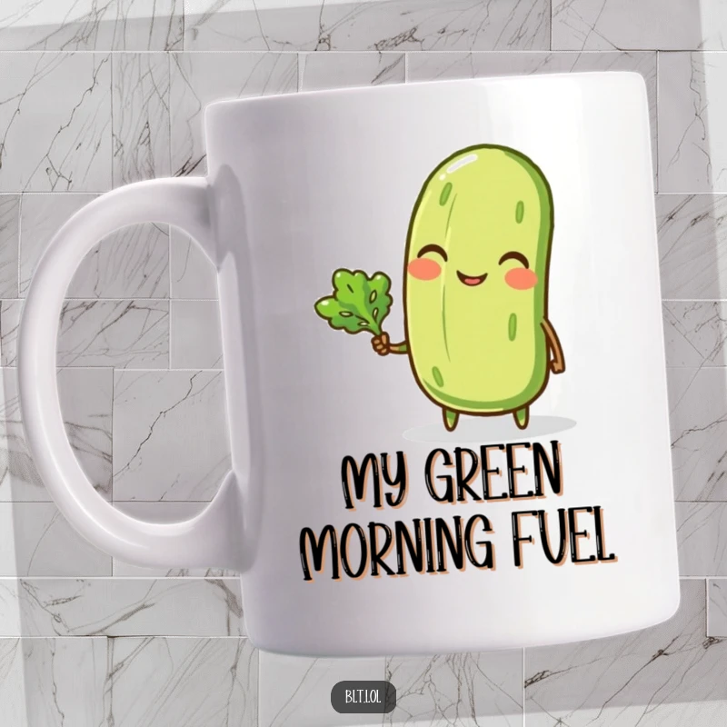 Funny mug featuring a smiling anthropomorphic pickle winking and holding a small lettuce leaf, radiating cheerful veggie vibes.